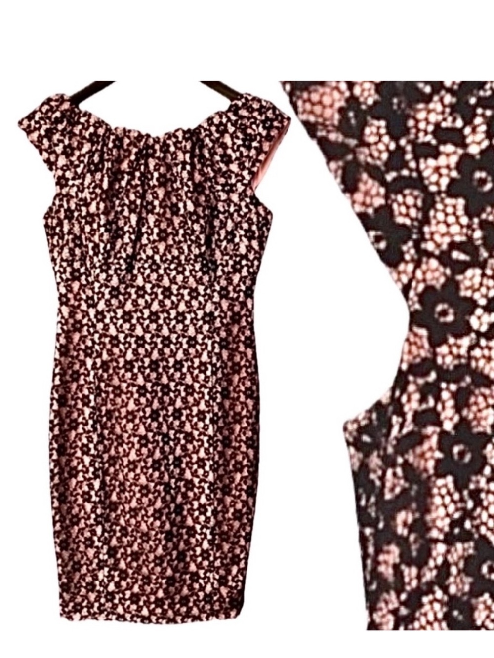 Sangria dress pink with black lace knee length cap sleeve size 10